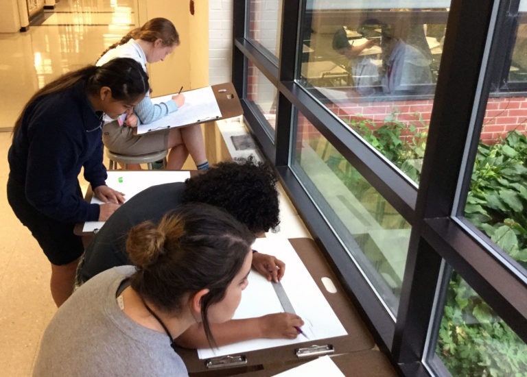Student-artists capture the contours of the courtyard